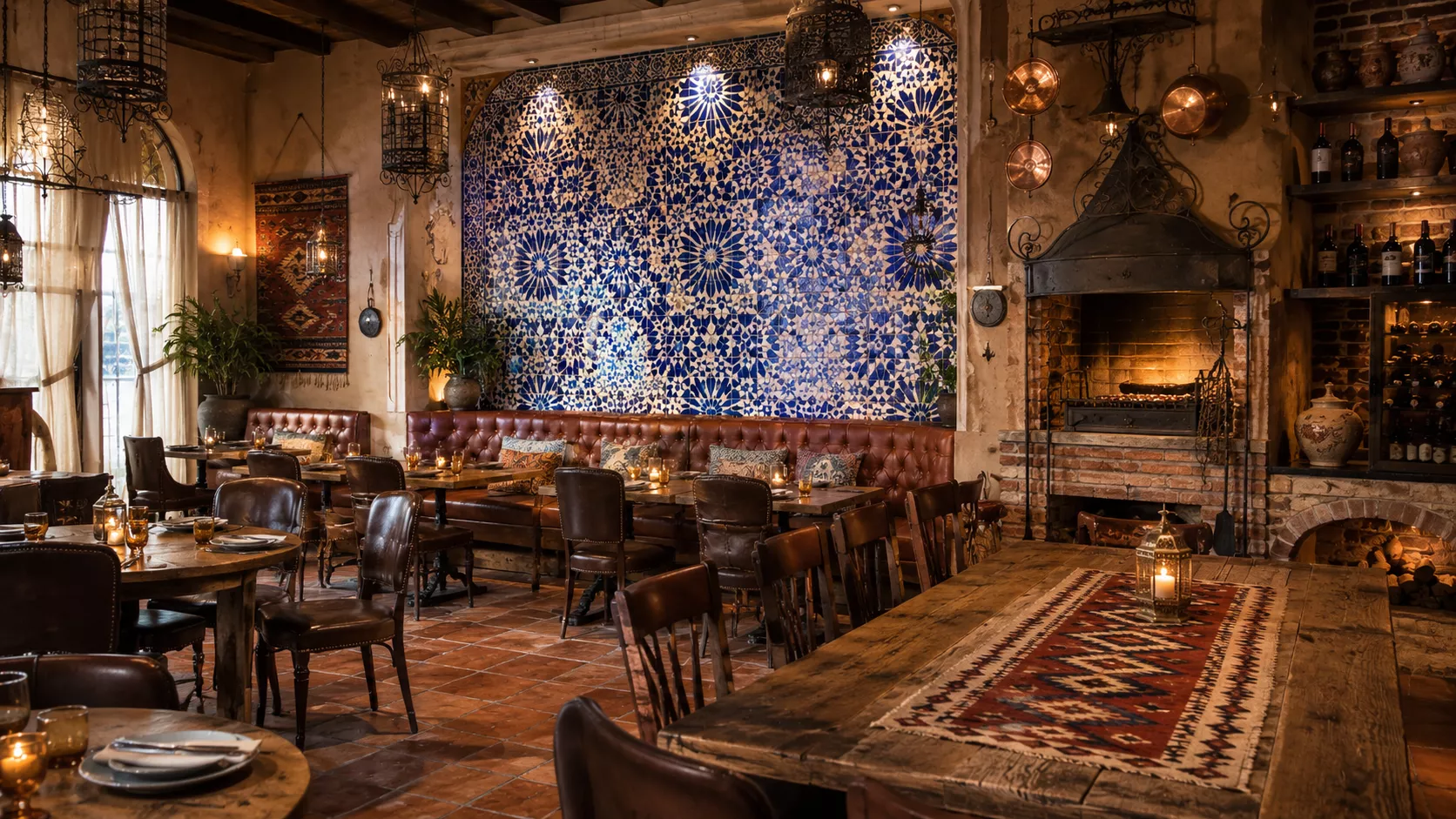 A luxury restaurant that combines Algerian zellige, leather and wood with a warm Argentinian style. Algerian Argentine Restaurant Interior Design Concept 53 characters